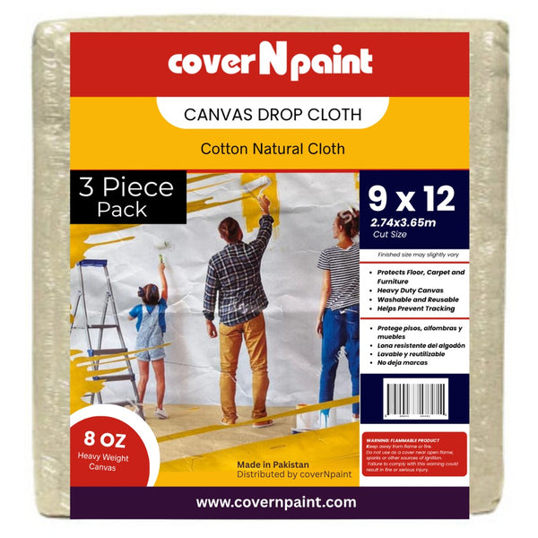 9 ft. x 12 ft. | 3 Pack Canvas Drop Cloth | 100% Canvas | Washable | All Purpose